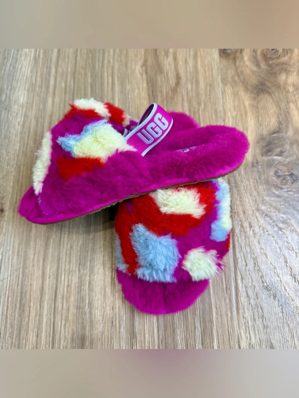 UGG Kids Fluffy Multicolor Slingback Slippers Pink Red Blue Youth Size 11
